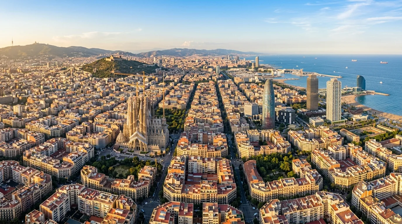 Vista aérea del Eixample de Barcelona con edificios residenciales y comerciales