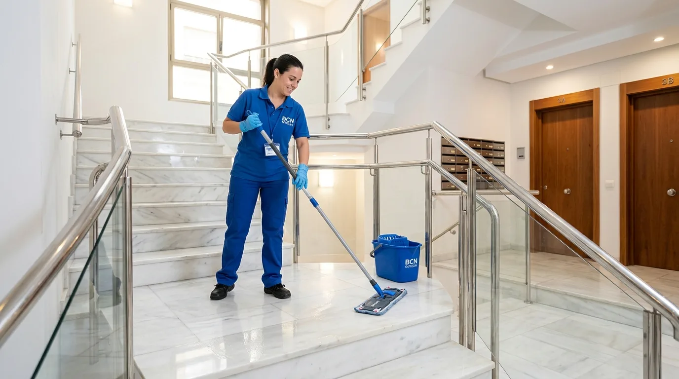 Escalera de comunidad de vecinos limpia y reluciente en edificio del Eixample Barcelona