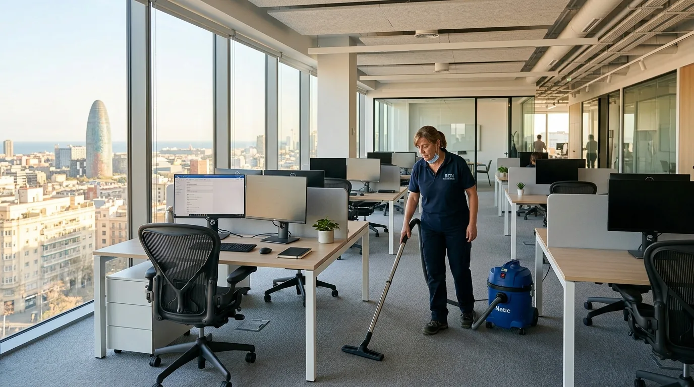 Oficina de empresa en Barcelona limpia y ordenada con escritorios impecables